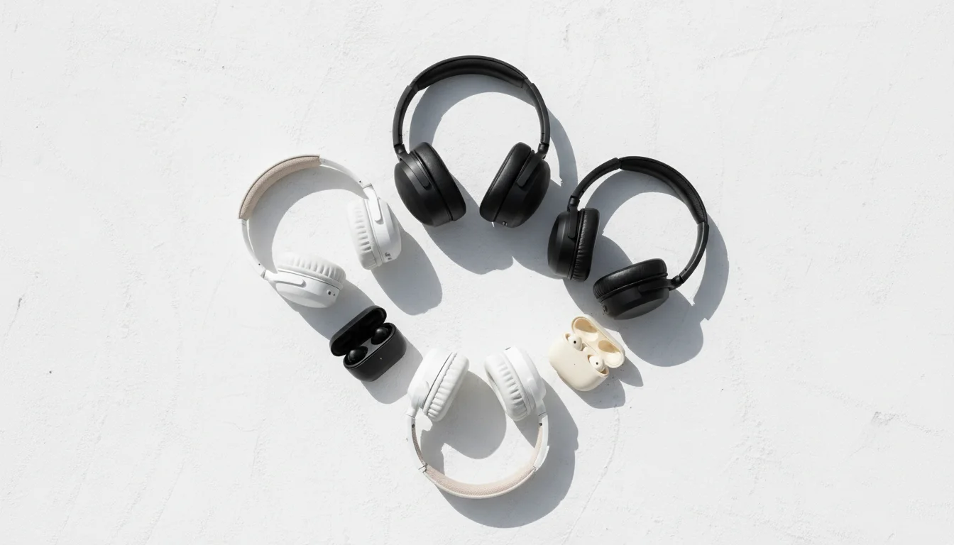 a sleek, minimalist flat lay of various high quality headphones arranged in a circle on a clean, neutral background, showcasing different styles such as over ear, on ear, and wireless models. soft, diffused lighting highlights the textures and materials, evoking a sense of premium comfort and modern technology. the composition is balanced and professional, with a warm, inviting mood that emphasizes both style and functionality.