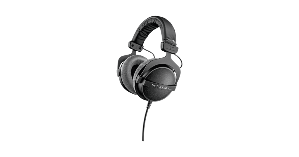 beyerdynamic dt 770 pro 80 ohm over ear studio headphones in gray. enclosed design, wired for professional recording and monitoring