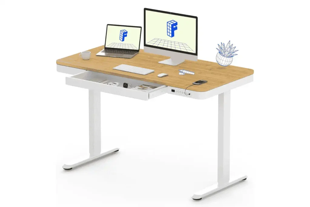 flexispot comhar electric standing desk with drawer desktop & adjustable frame wusb charge ports (bamboo look laminate white, wood)