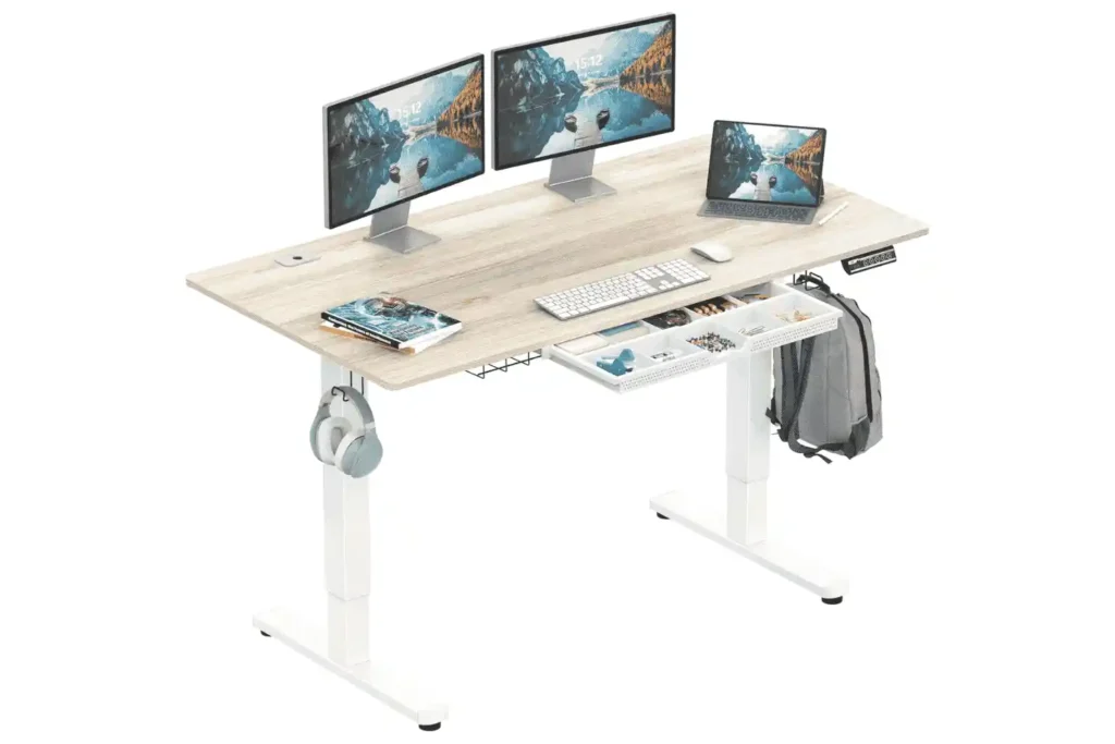 shw 55 x 28 inches electric height adjustable standing desk with drawer and memory preset, maple
