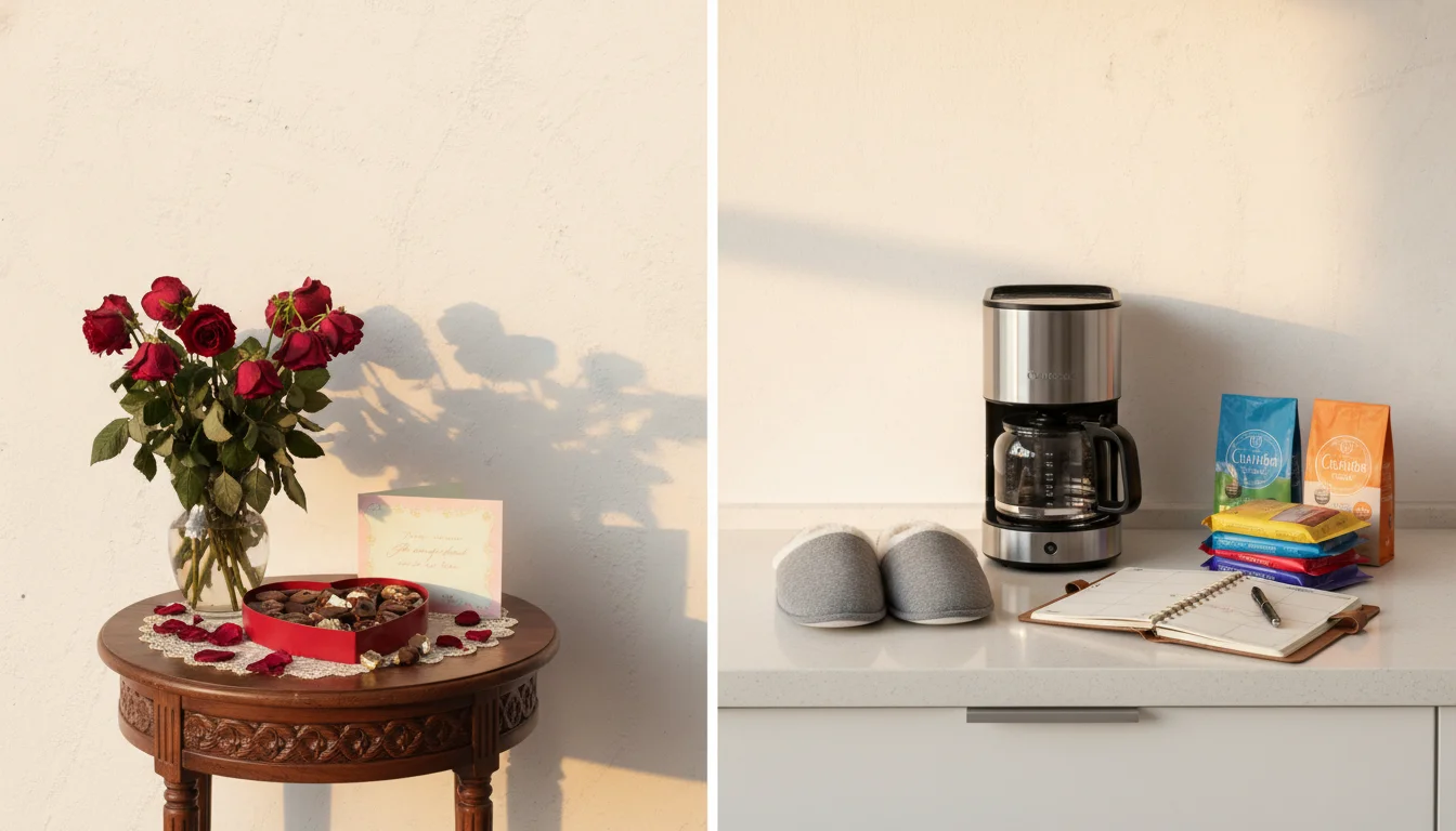 A split-screen composition showing two contrasting Valentine's Day gift setups in a modern, softly lit home interior. On the left: a traditional arrangement with wilting roses, half-eaten chocolates, and a fading greeting card on a decorative table. On the right: practical gifts like a high-quality coffee maker, cozy slippers, and an organized planner neatly arranged on a kitchen counter. Warm afternoon lighting, realistic style with subtle romantic ambiance, conveying both tradition and practicality in relationships.