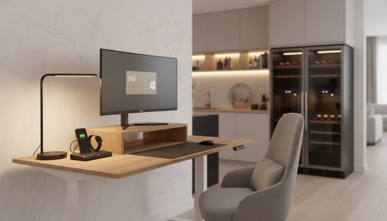 A cozy, softly lit modern home office scene featuring a stylish standing desk with a monitor riser, an elegant LED desk lamp, a comfortable ergonomic chair with a supportive cushion, and a neatly organized charging station on the desk. In the background, a warm ambient glow from smart lighting and a dual-zone wine cooler visible in an open-plan living area. The composition is inviting and practical, with a calm, affectionate mood suggesting thoughtful gift-giving for shared daily comfort.