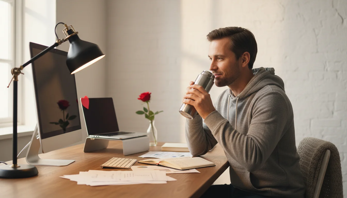 A man sitting at his desk in a cozy, softly lit home office, looking pleased as he drinks from a sleek stainless steel coffee thermos. On the desk, an adjustable desk lamp casts a warm glow on scattered work papers, suggesting early morning productivity. The room has subtle Valentine's Day touches like a small red heart-shaped sticky note on the monitor. The style is realistic and warm, with a shallow depth of field highlighting the thermos and lamp, evoking a sense of practical comfort and thoughtful gifting.