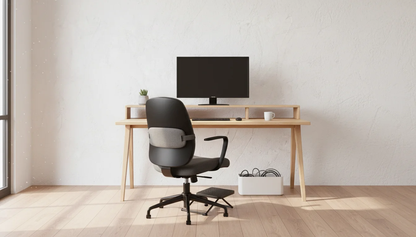 A modern, minimalist home office setup featuring an ergonomic chair with a lumbar support pillow, an adjustable under-desk footrest, and a clean desk with a monitor riser and cable organizer box. Soft, natural lighting from a window illuminates the space, creating a calm and productive atmosphere. The composition is balanced and tidy, emphasizing comfort and organization with a warm, inviting mood in a realistic style.