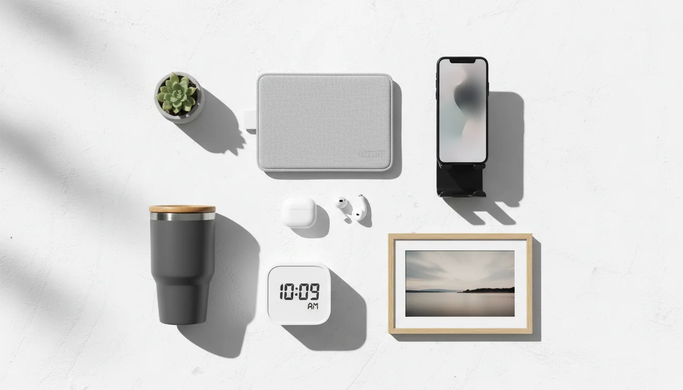 A minimalist flat lay composition featuring modern tech accessories and desk items arranged neatly on a clean surface: a wireless charging station, an adjustable phone stand, an insulated travel mug, a minimalist digital clock, and a smart digital photo frame. Soft natural lighting, a muted color palette with subtle accents, and a sense of order and practicality.