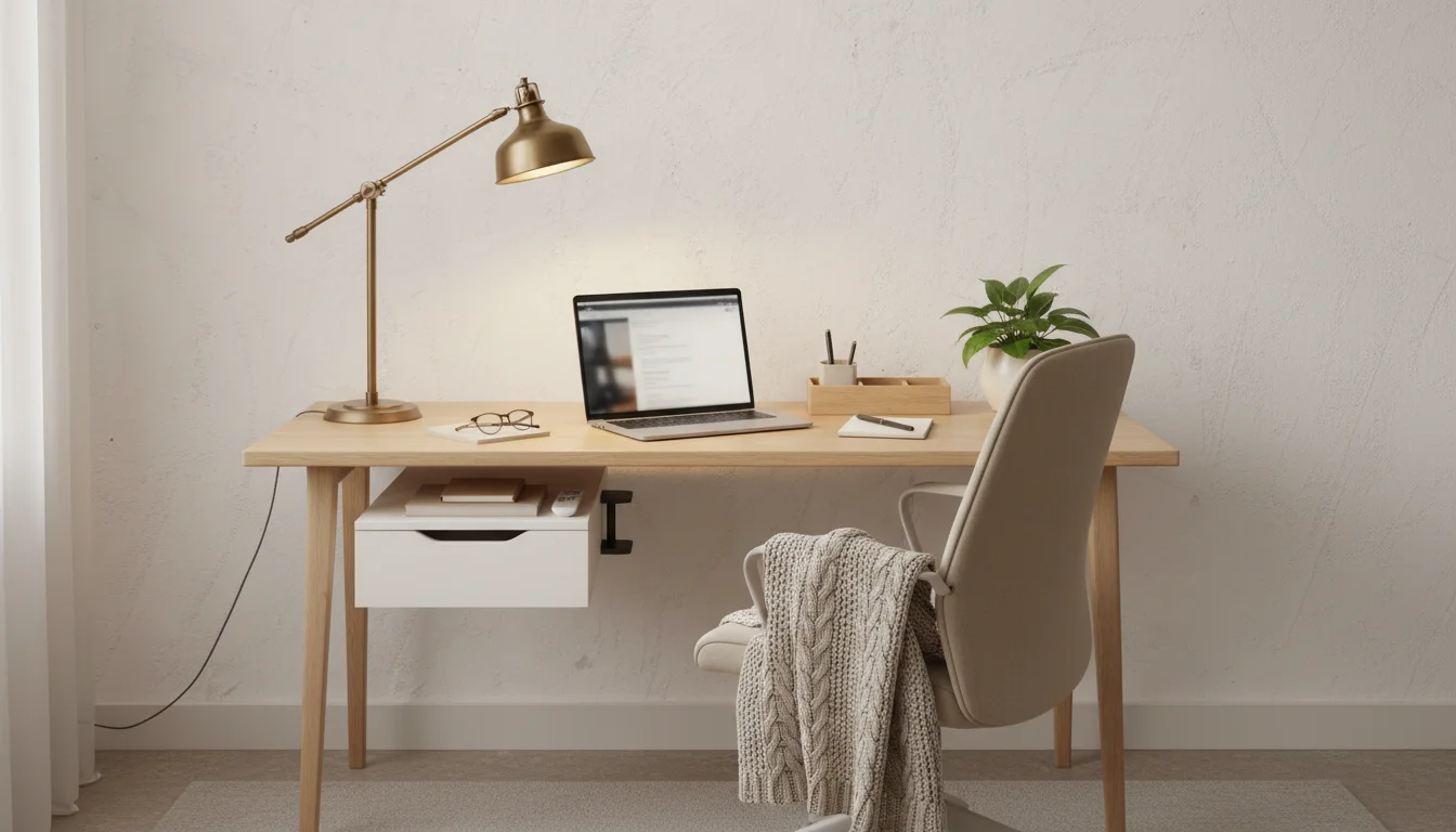 A minimalist, warm-toned home office scene with an adjustable LED desk lamp casting soft light on a tidy workspace. Under the desk, a clamp storage drawer holds essentials neatly. A soft neutral throw blanket drapes over an ergonomic chair, and a sleek wooden desk organizer tray sits beside a laptop. The composition is cozy and organized, with soft natural lighting enhancing the serene, practical mood of shared living space optimization.