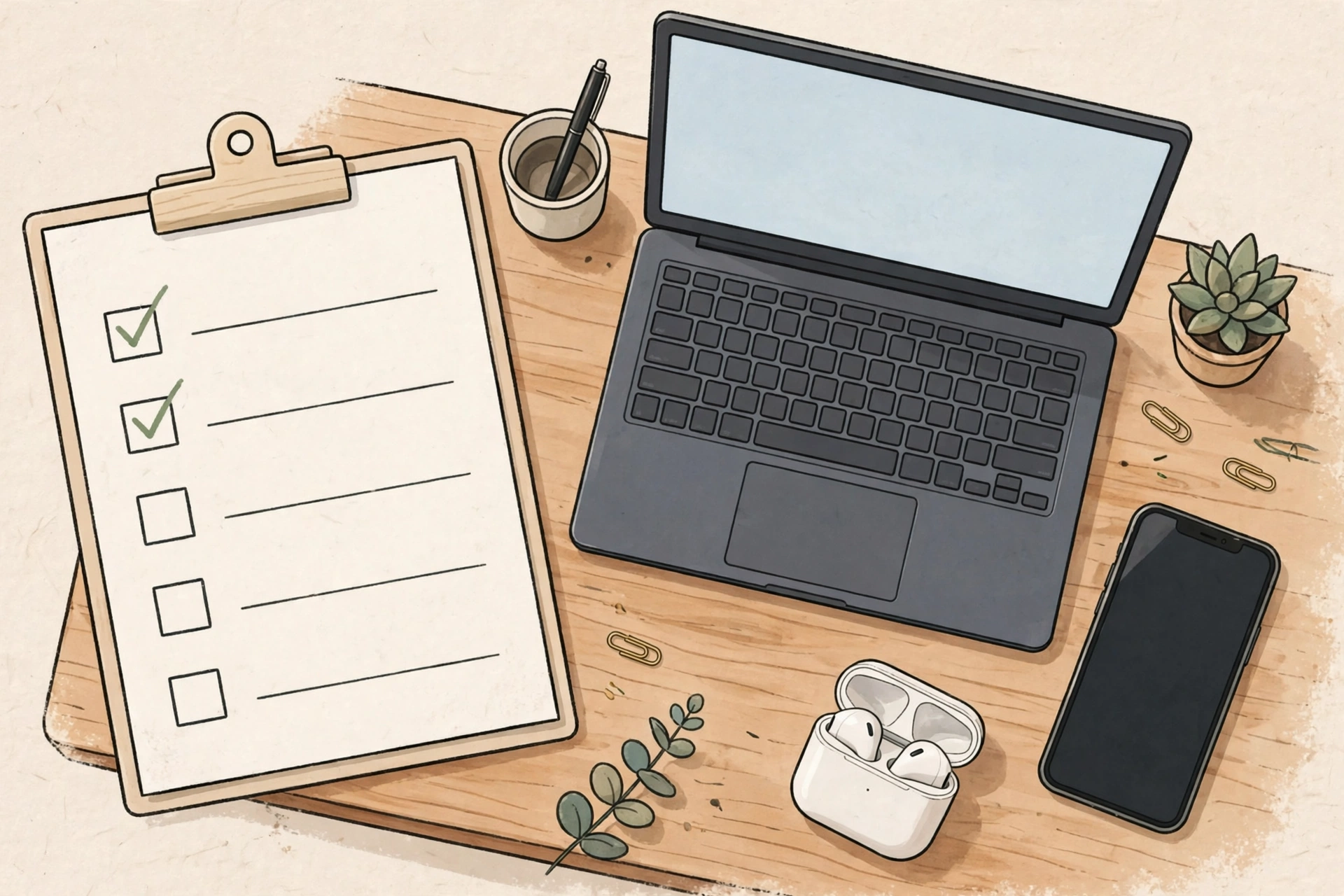 Generic illustration of a checkout checklist with a phone, a laptop, and earbuds on a desk, not a photo of a specific product