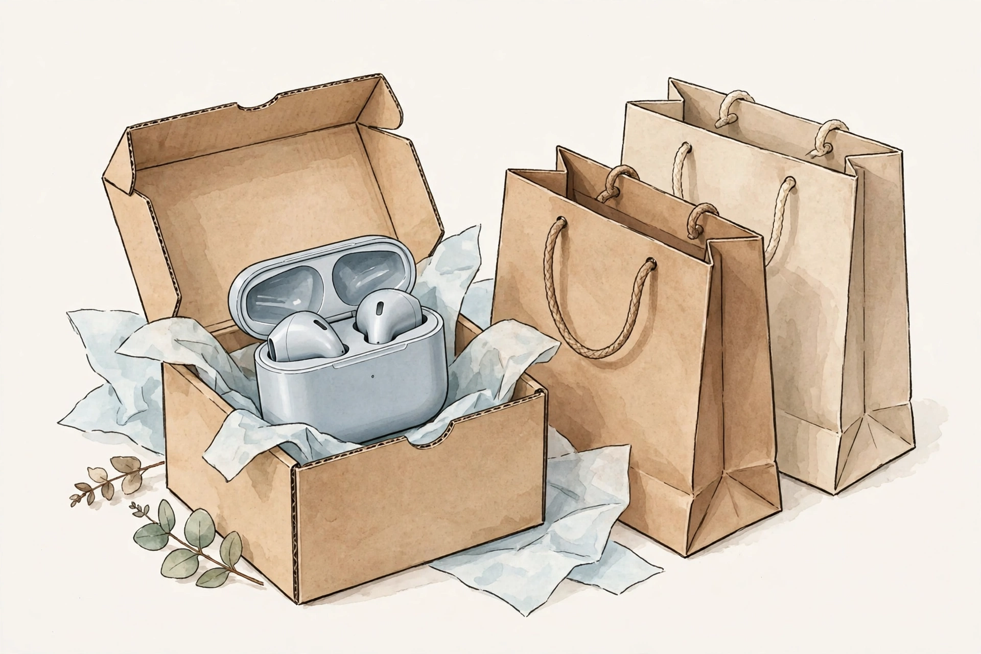 Generic illustration of wireless earbuds in a gift box with shopping bags, not a photo of a specific product