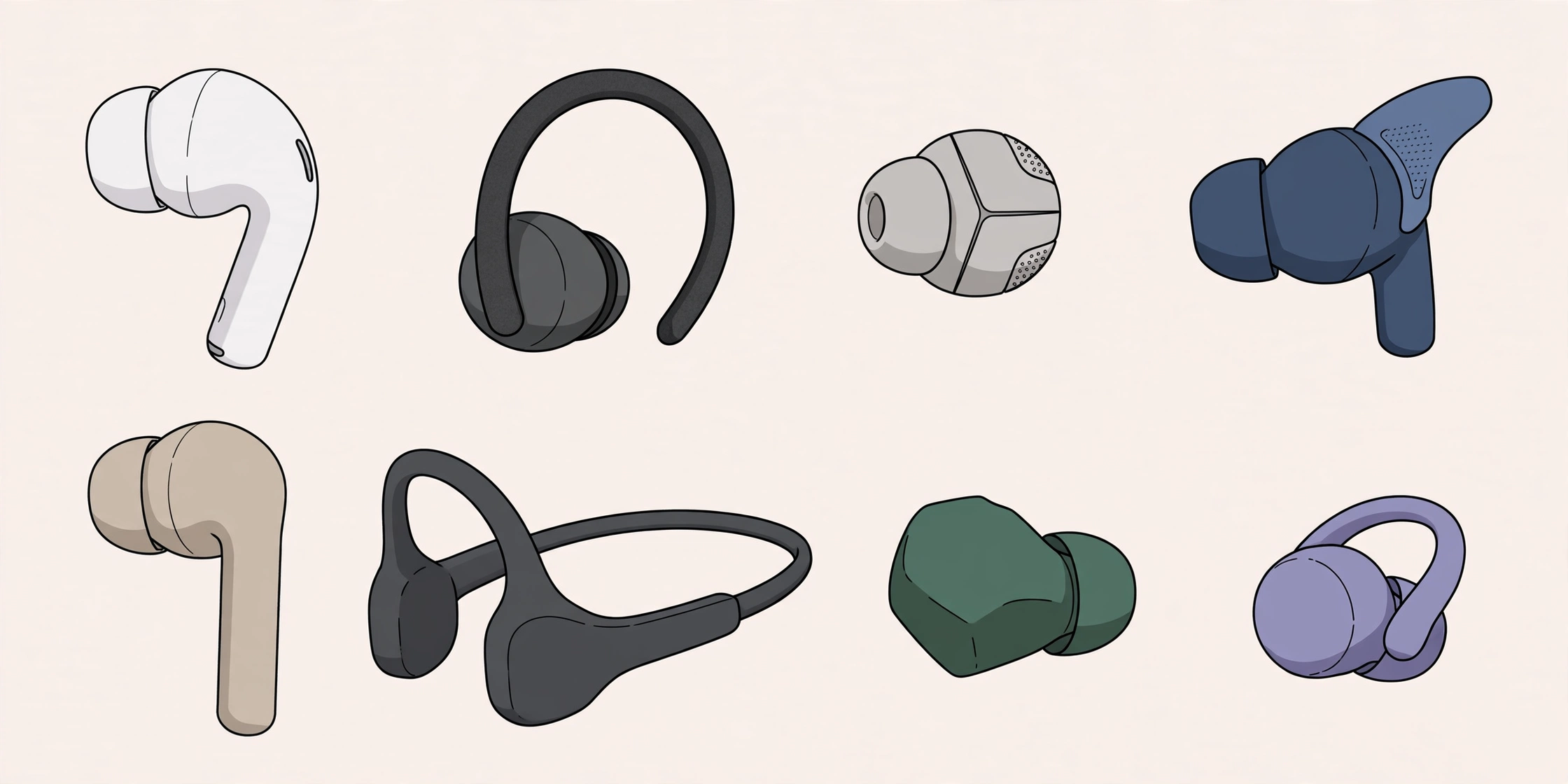 Generic illustration of eight different wireless earbud styles in a grid, not a photo of a specific product