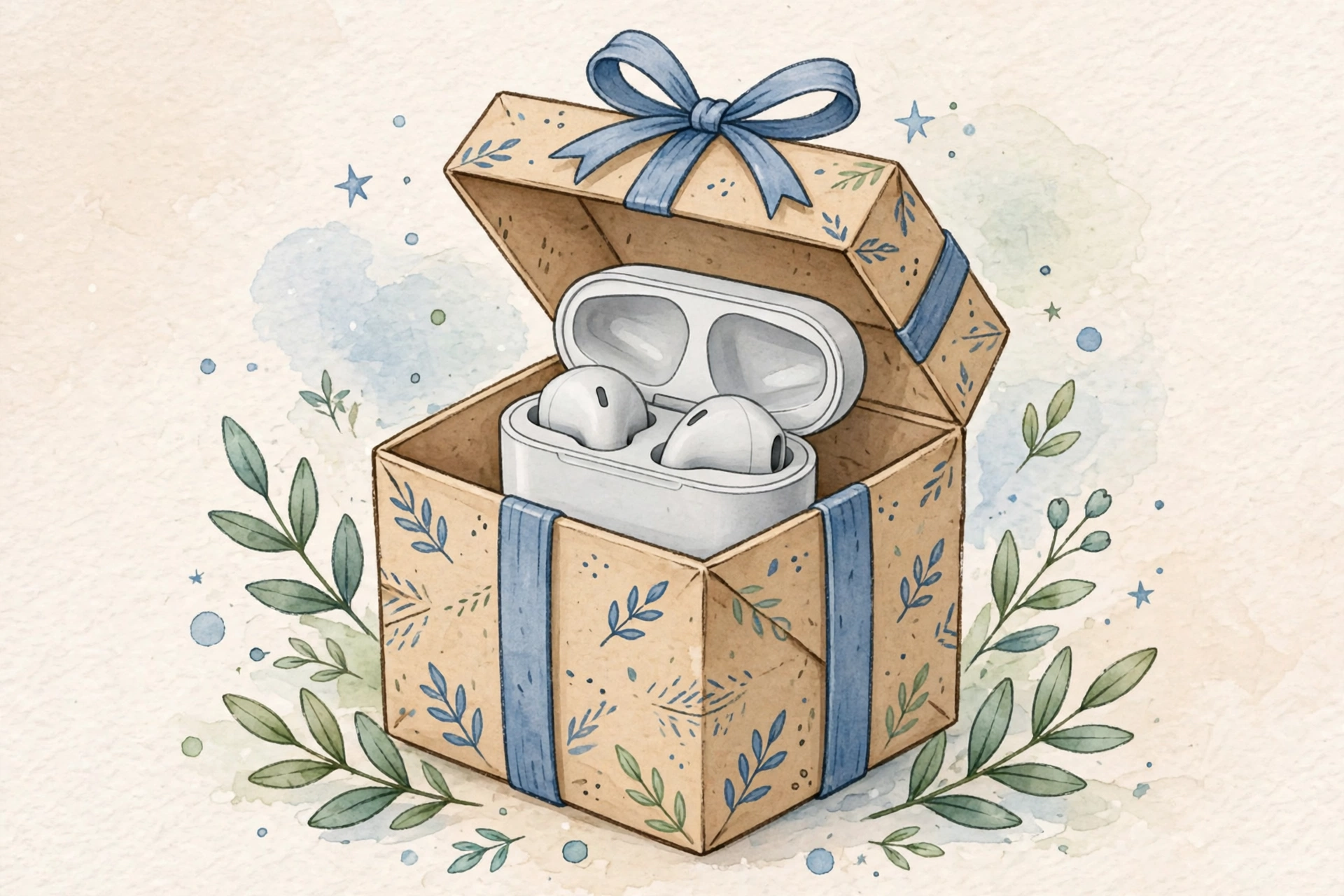 Generic illustration of wireless earbuds as a wrapped gift, not a photo of a specific product