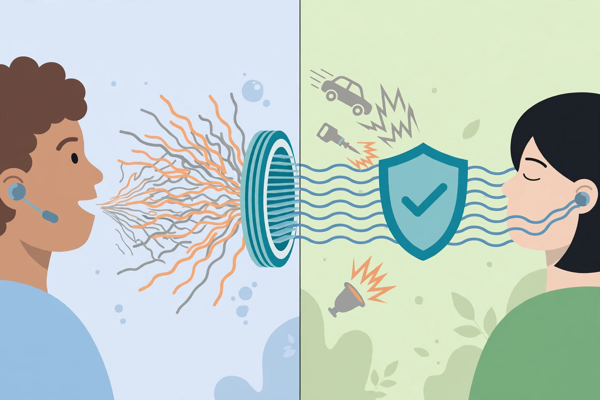 Illustration showing the difference between microphone ENC and active noise cancellation in earbuds