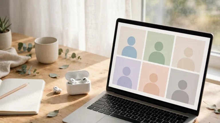Wireless earbuds and laptop on a home office desk for work calls and online meetings