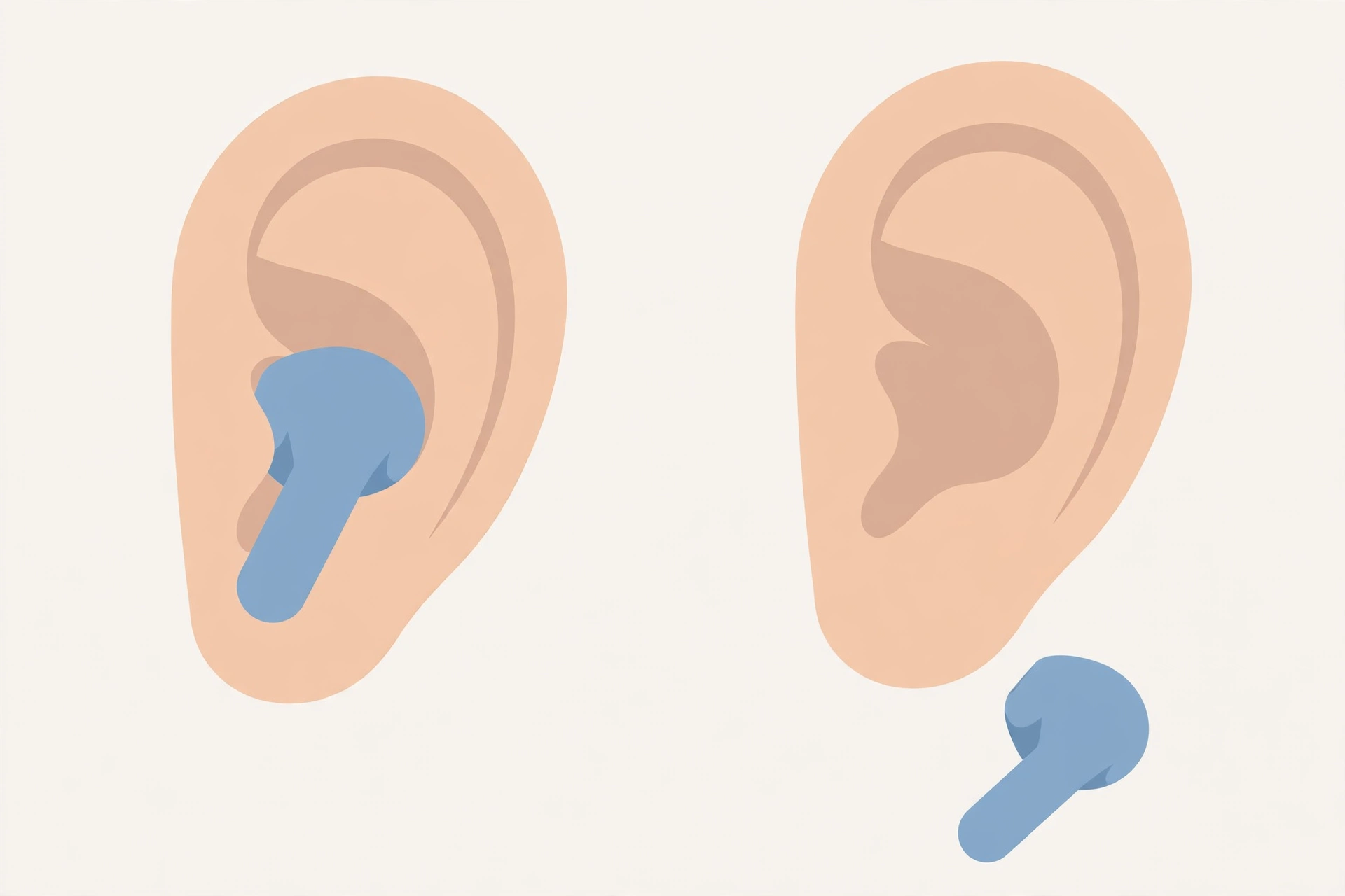 Illustration comparing a secure wireless earbud fit with a loose fit for comfort and call stability
